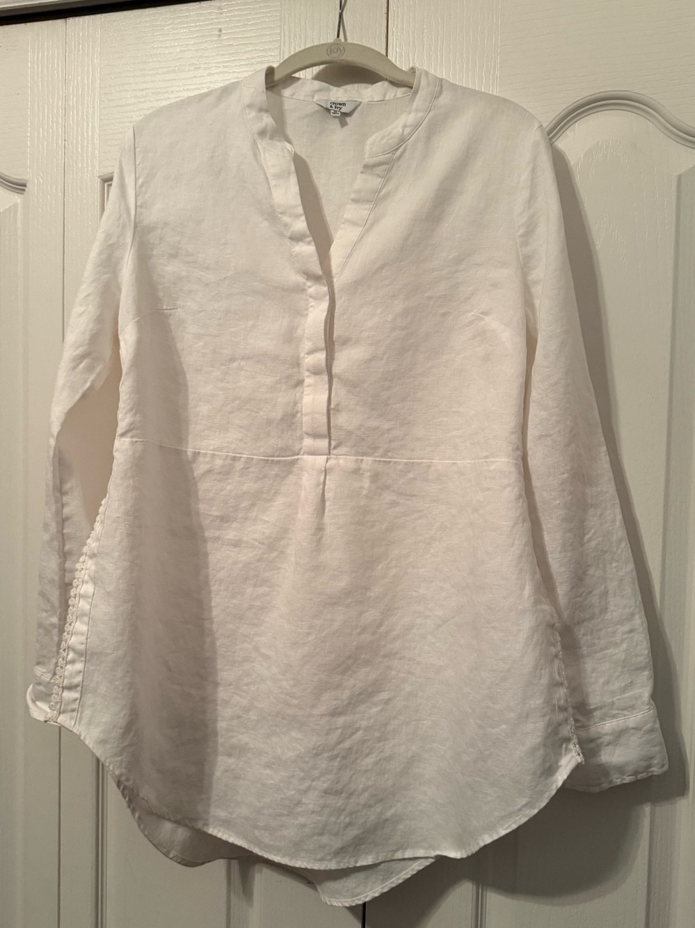 Crown & Ivy White Linen Tunic Top Long Sleeve Shirt Tail Hem Boho Size M